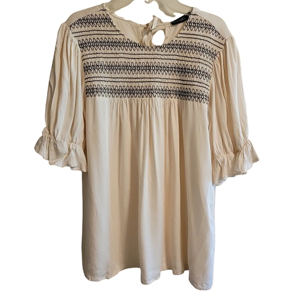 Mikarose Womens Cream Blouse W/ Black Smocked Embroidery & 3/4 Poet Sleeves SZ:S